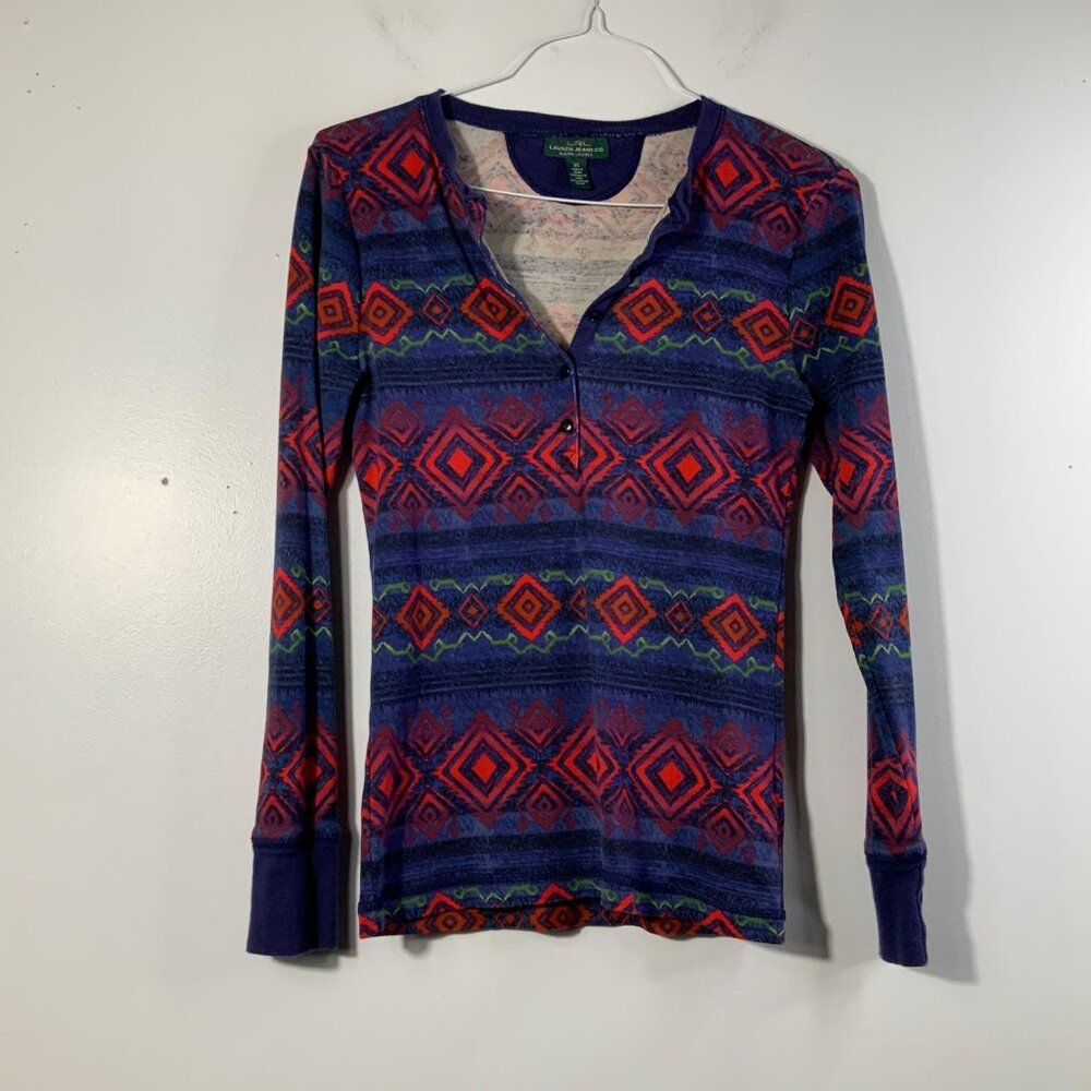 Womens Vintage LRL 1/2 Button Aztec Print Tee Shirt Long Sleeve XS Blue Red Gree